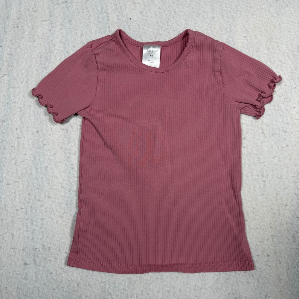 Okie Dokie Girls 5T Pink Ribbed Short Sleeve Lettuce Trim Tee Shirt